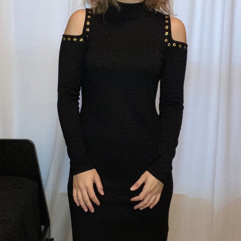 Black Cold Shoulder Dress with Gold Detailing